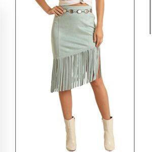 EUC Rock & Roll Denim Cowgirl Mint Fringe Mini Skirt Small